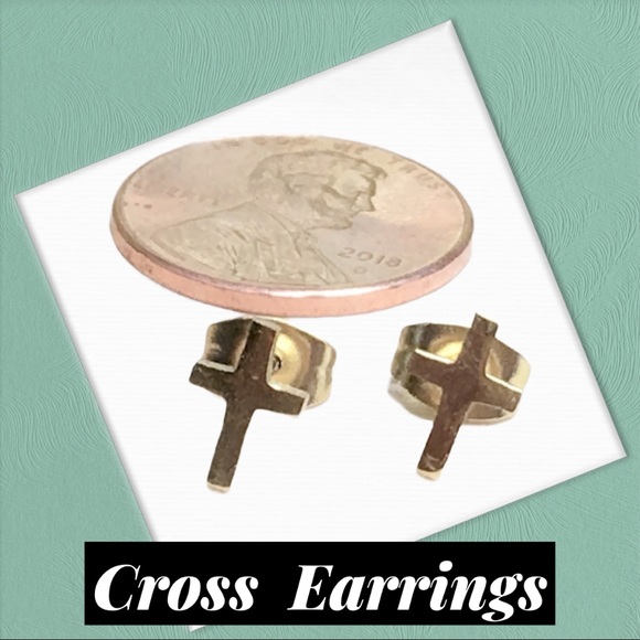 Minimalist Gold Cross Earrings - Picture 2 of 8